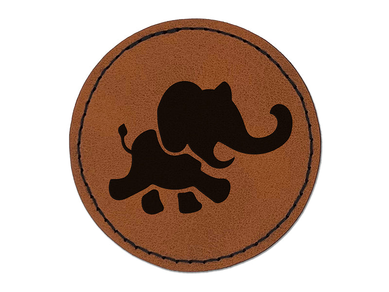 Marching Baby Elephant Round Iron-On Engraved Faux Leather Patch Applique - 2.5"