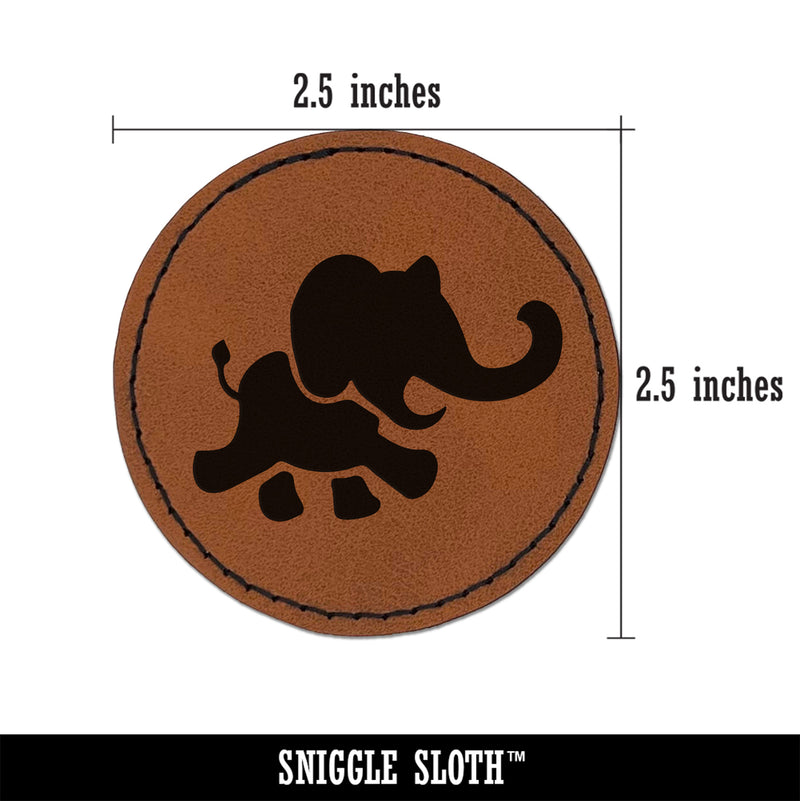 Marching Baby Elephant Round Iron-On Engraved Faux Leather Patch Applique - 2.5"