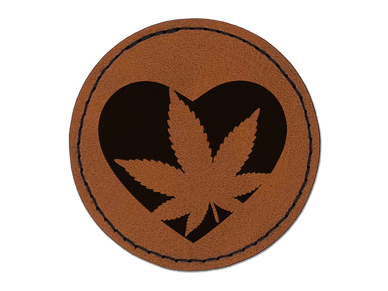 Marijuana Leaf in Heart Round Iron-On Engraved Faux Leather Patch Applique - 2.5"