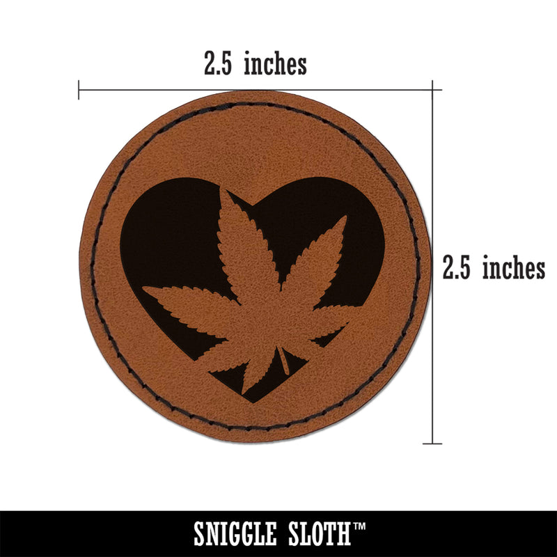 Marijuana Leaf in Heart Round Iron-On Engraved Faux Leather Patch Applique - 2.5"