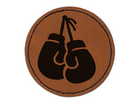 Pair of Boxing Gloves Hanging Round Iron-On Engraved Faux Leather Patch Applique - 2.5"