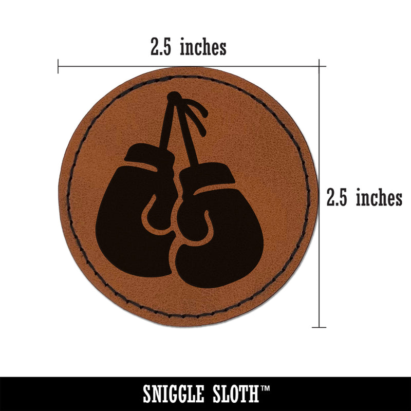 Pair of Boxing Gloves Hanging Round Iron-On Engraved Faux Leather Patch Applique - 2.5"