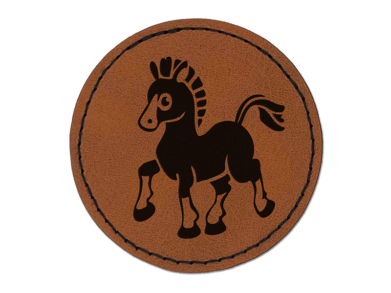 Prancing Pony Horse Mule Round Iron-On Engraved Faux Leather Patch Applique - 2.5"