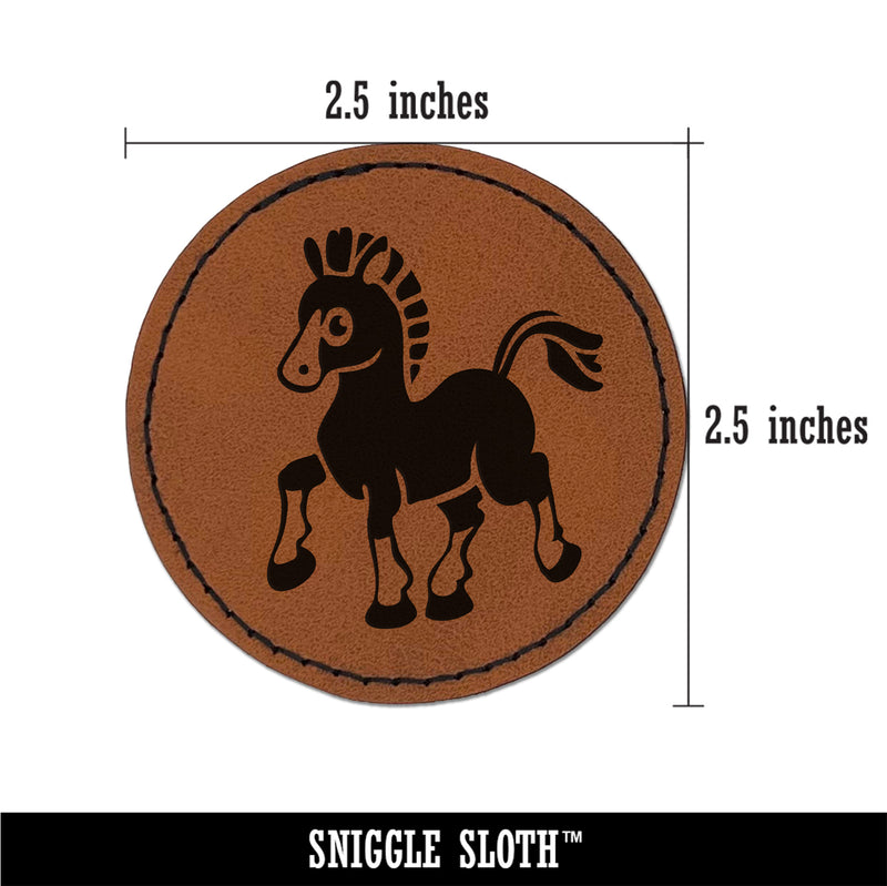 Prancing Pony Horse Mule Round Iron-On Engraved Faux Leather Patch Applique - 2.5"