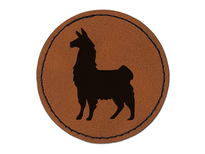 Proud Wooly Llama Standing Silhouette Round Iron-On Engraved Faux Leather Patch Applique - 2.5"