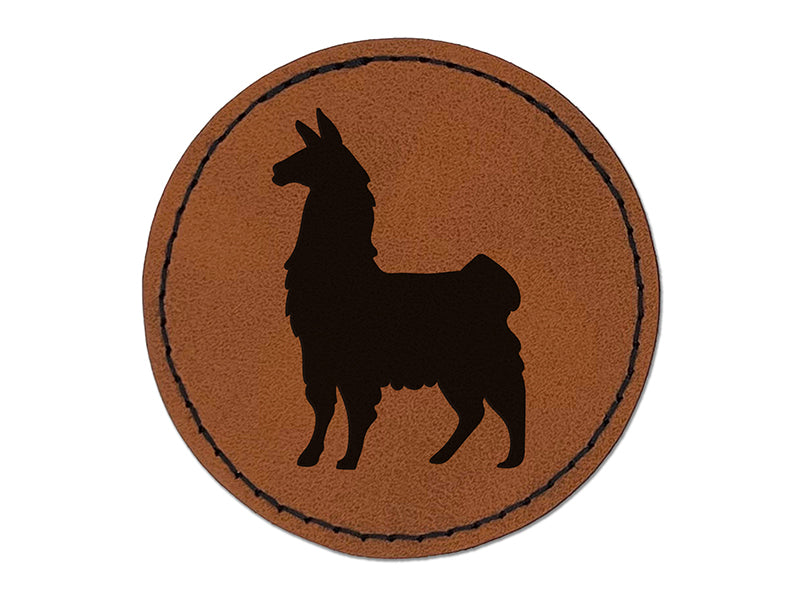 Proud Wooly Llama Standing Silhouette Round Iron-On Engraved Faux Leather Patch Applique - 2.5"