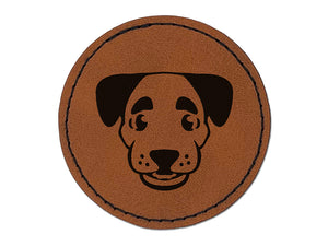 Puppy Dog with Big Eyebrows Round Iron-On Engraved Faux Leather Patch Applique - 2.5"