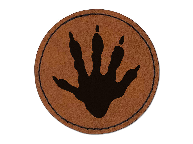 Raccoon Trash Panda Hand Print Round Iron-On Engraved Faux Leather Patch Applique - 2.5"