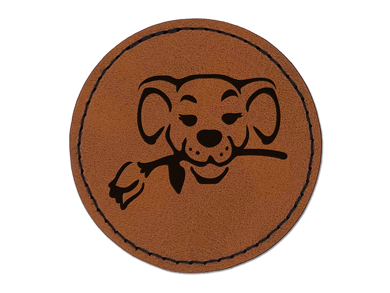 Romantic Dog with Rose in Mouth Round Iron-On Engraved Faux Leather Patch Applique - 2.5"