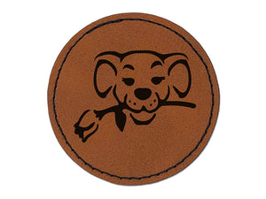 Romantic Dog with Rose in Mouth Round Iron-On Engraved Faux Leather Patch Applique - 2.5"