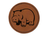 Round Standing Hippopatomus Round Iron-On Engraved Faux Leather Patch Applique - 2.5"