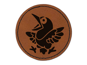 Shocked and Surprised Little Bird Crow Raven Round Iron-On Engraved Faux Leather Patch Applique - 2.5"