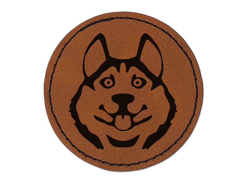 Siberian Husky Dog Face Round Iron-On Engraved Faux Leather Patch Applique - 2.5"