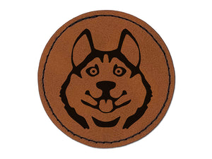 Siberian Husky Dog Face Round Iron-On Engraved Faux Leather Patch Applique - 2.5"