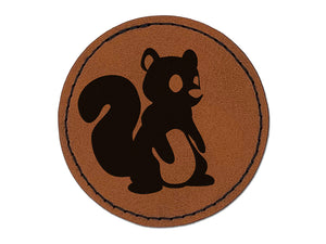 Sitting Squirrel Cartoon Critter Round Iron-On Engraved Faux Leather Patch Applique - 2.5"