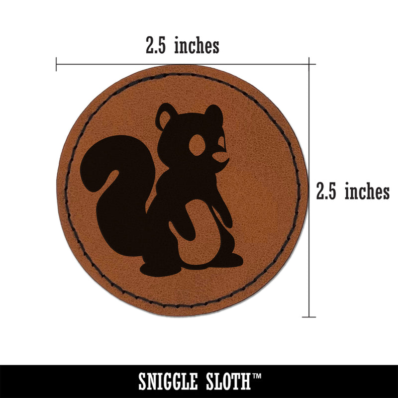 Sitting Squirrel Cartoon Critter Round Iron-On Engraved Faux Leather Patch Applique - 2.5"