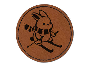 Ski Rabbit Bunny Slopes Snow Rabbit Round Iron-On Engraved Faux Leather Patch Applique - 2.5"