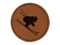 Skiing Ski Tuck Bully Bullet Stance Downhill Round Iron-On Engraved Faux Leather Patch Applique - 2.5"