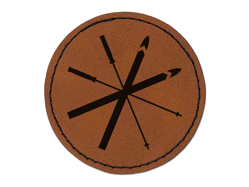 Skis and Poles Skiing Equipment and Gear Round Iron-On Engraved Faux Leather Patch Applique - 2.5"