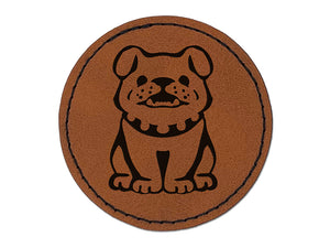 Smiling Bulldog Puppy Round Iron-On Engraved Faux Leather Patch Applique - 2.5"