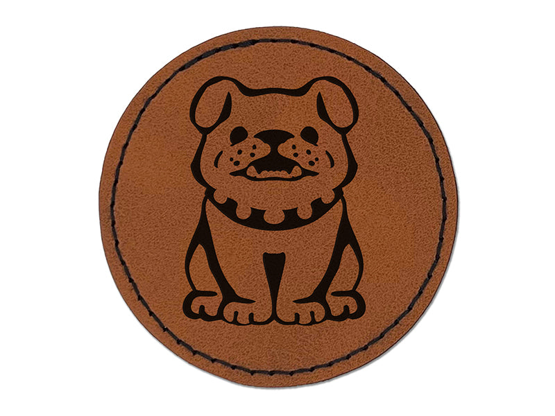 Smiling Bulldog Puppy Round Iron-On Engraved Faux Leather Patch Applique - 2.5"