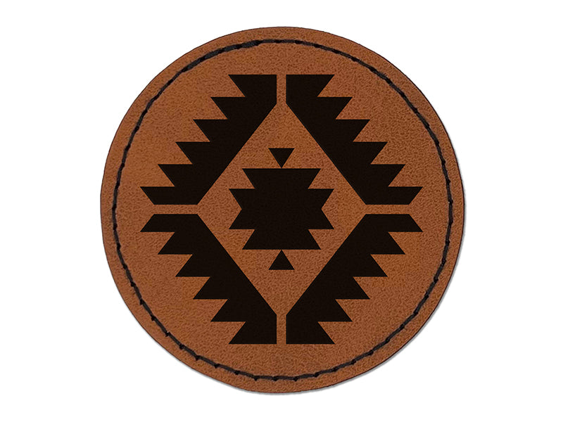 Southwestern Diamond Triangle Pattern Round Iron-On Engraved Faux Leather Patch Applique - 2.5"