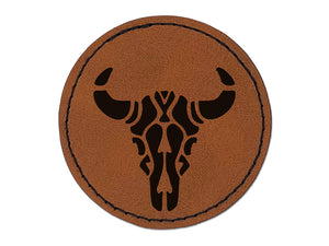 Southwestern Style Tribal Bull Cow Skull Round Iron-On Engraved Faux Leather Patch Applique - 2.5"