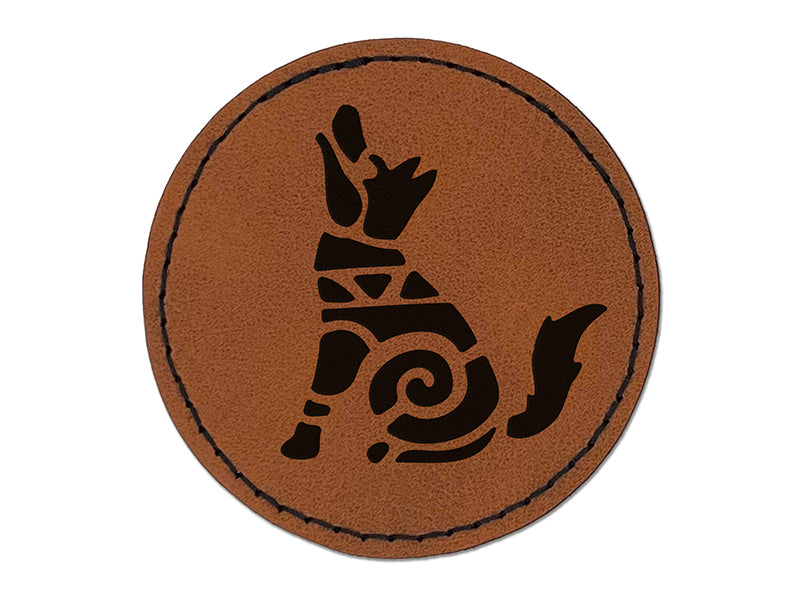 Southwestern Style Tribal Coyote Wolf Dog Round Iron-On Engraved Faux Leather Patch Applique - 2.5"