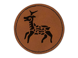 Southwestern Style Tribal Deer Antelope Round Iron-On Engraved Faux Leather Patch Applique - 2.5"