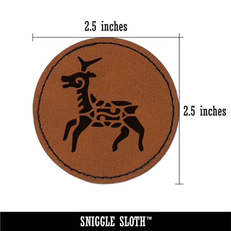 Southwestern Style Tribal Deer Antelope Round Iron-On Engraved Faux Leather Patch Applique - 2.5"