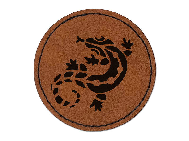 Southwestern Style Tribal Gecko Lizard Round Iron-On Engraved Faux Leather Patch Applique - 2.5"