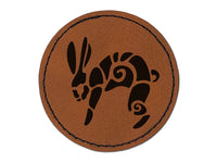 Southwestern Style Tribal Jackrabbit Hare Bunny Round Iron-On Engraved Faux Leather Patch Applique - 2.5"