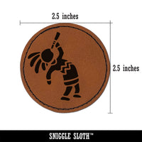 Southwestern Style Tribal Kokopelli Fertility Deity God Round Iron-On Engraved Faux Leather Patch Applique - 2.5"