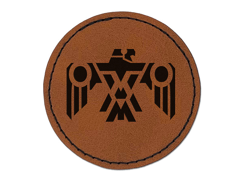 Southwestern Style Tribal Thunderbird Eagle Hawk Round Iron-On Engraved Faux Leather Patch Applique - 2.5"