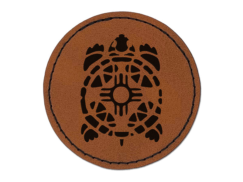 Southwestern Style Tribal Turtle Tortoise Terrapin Round Iron-On Engraved Faux Leather Patch Applique - 2.5"