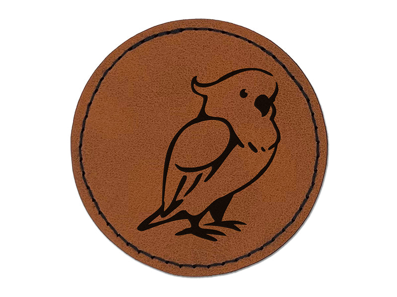 Standing Cockatoo Parrot Bird Round Iron-On Engraved Faux Leather Patch Applique - 2.5"