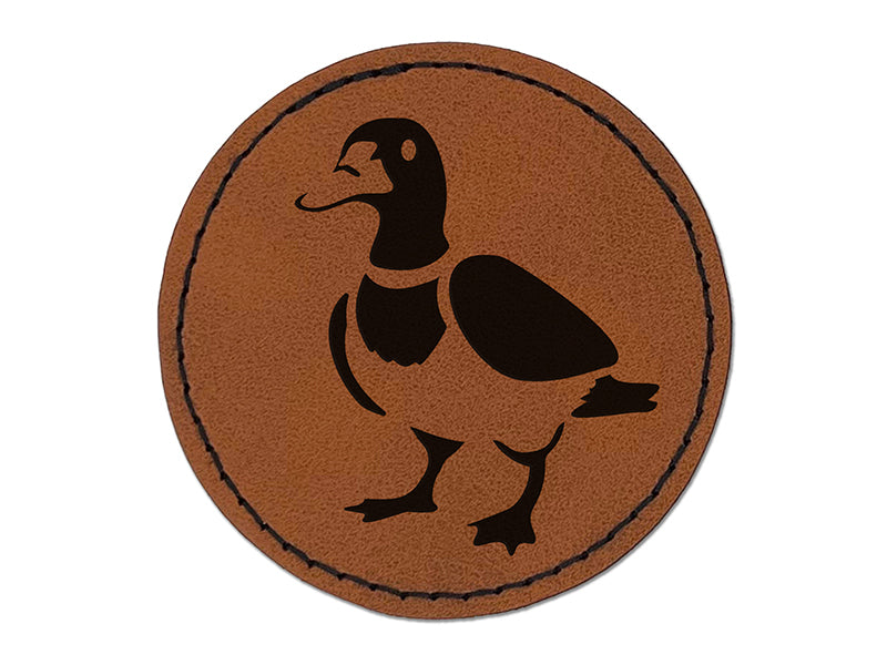 Standing Mallard Duck Round Iron-On Engraved Faux Leather Patch Applique - 2.5"