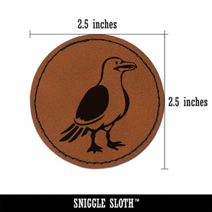 Standing Seagull Bird Round Iron-On Engraved Faux Leather Patch Applique - 2.5"