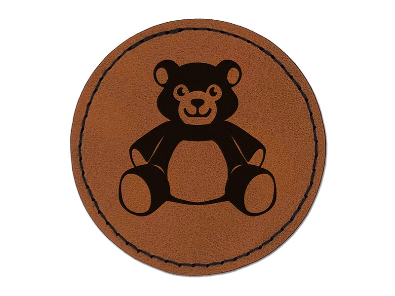 Teddy Bear Stuffed Animal Toy Round Iron-On Engraved Faux Leather Patch Applique - 2.5"
