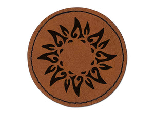 Tribal Sun Circle Star Round Iron-On Engraved Faux Leather Patch Applique - 2.5"
