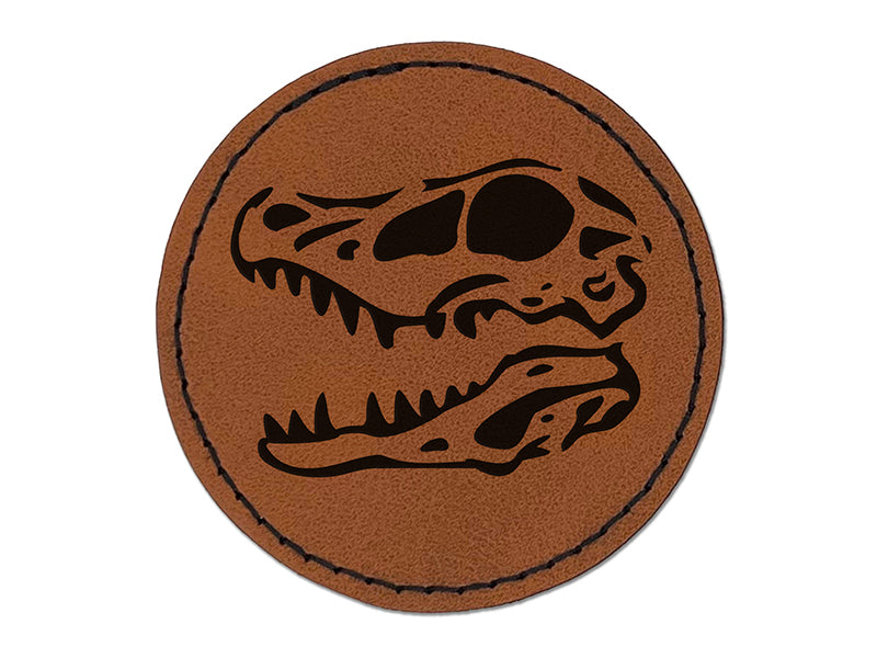 Velociraptor Skull Dinosaur Fossil Bone Round Iron-On Engraved Faux Leather Patch Applique - 2.5"