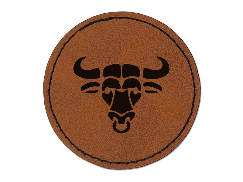 Water Buffalo Ox with Nose Ring Round Iron-On Engraved Faux Leather Patch Applique - 2.5"