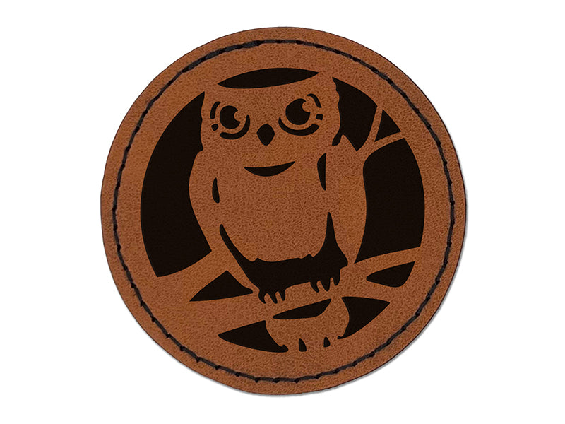 Wise Old Owl Sitting on Branch Round Iron-On Engraved Faux Leather Patch Applique - 2.5"