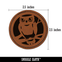 Wise Old Owl Sitting on Branch Round Iron-On Engraved Faux Leather Patch Applique - 2.5"