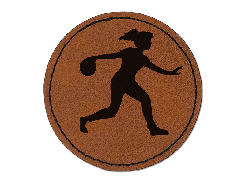 Woman Bowler Bowling Ball Side View Round Iron-On Engraved Faux Leather Patch Applique - 2.5"