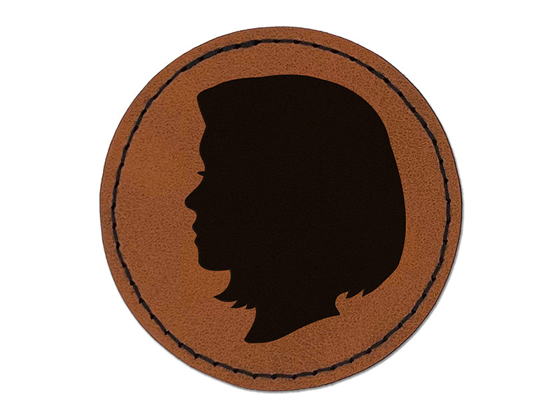 Woman Head Silhouette Round Iron-On Engraved Faux Leather Patch Applique - 2.5"