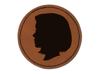 Woman Head Silhouette Round Iron-On Engraved Faux Leather Patch Applique - 2.5"