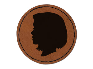 Woman Head Silhouette Round Iron-On Engraved Faux Leather Patch Applique - 2.5"