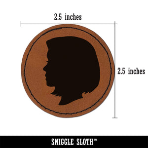 Woman Head Silhouette Round Iron-On Engraved Faux Leather Patch Applique - 2.5"