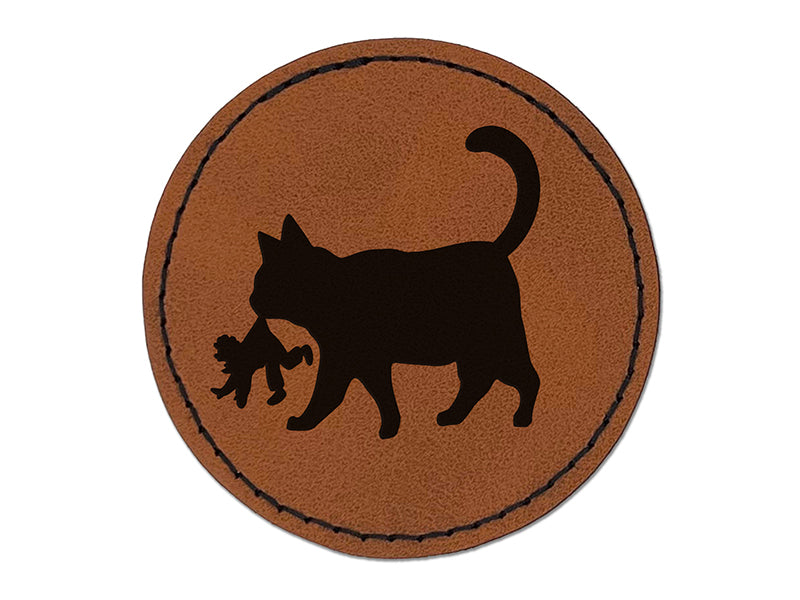 Yule Cat Taking Child Christmas Round Iron-On Engraved Faux Leather Patch Applique - 2.5"